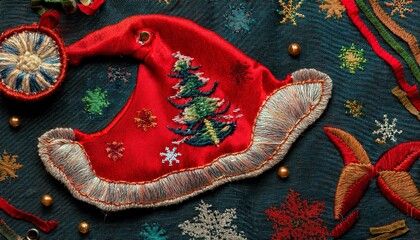 Cloth background with embroidered Christmas ornaments. Semi-abstract, macro