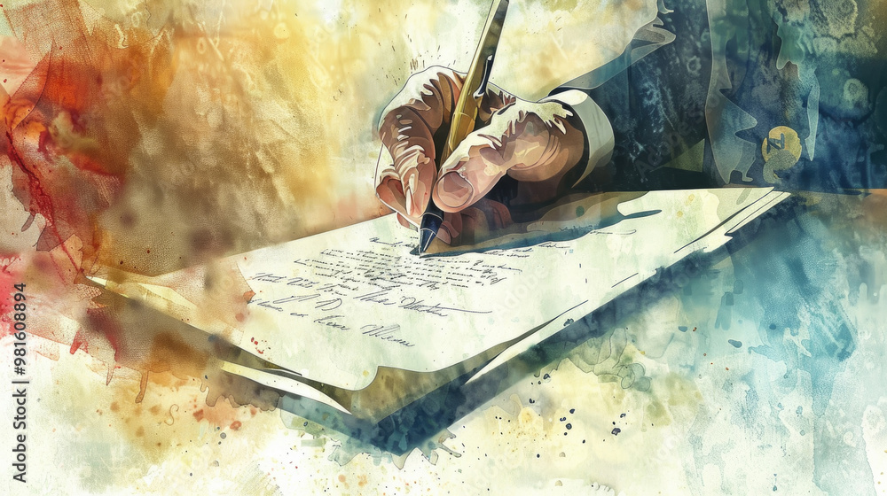Poster A hand holds a pen, writing notes on a notepad surrounded by colorful artistic splashes, reflecting a dynamic brainstorming atmosphere