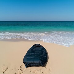 Sleeping bag on a sandy beach, waves gently lapping