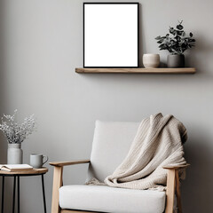 Minimalist, cozy living room corner with modern wooden furniture, armchair, potted plant and decorative empty transparent frame highlighting a calm and neutral-toned interior 