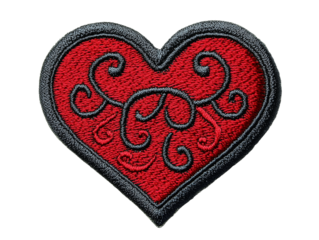 This vibrant embroidered patch features a heart design embellished with striking black swirls on a rich red background, perfect for personalizing clothing or accessories