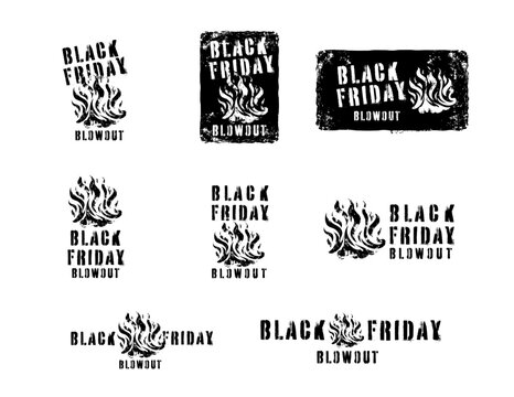 Black Friday blowout  logo stencil graphics - bold black and white promotional logos for Black Friday marketing campaigns - BBQ, smoker, pellets, restaurant, gear, masculine