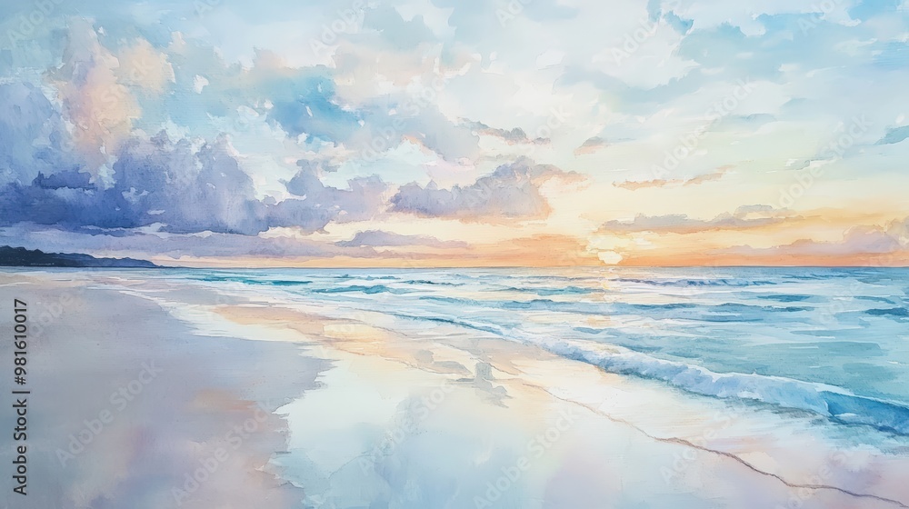 Wall mural watercolor painting of a beach sunset.