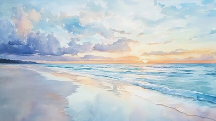 Fototapeta premium Watercolor painting of a beach sunset.
