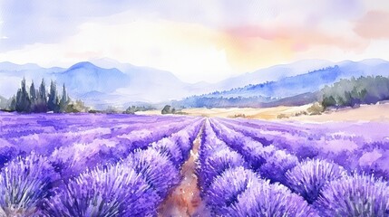 Obraz premium Watercolor painting of lavender field with mountains in background.