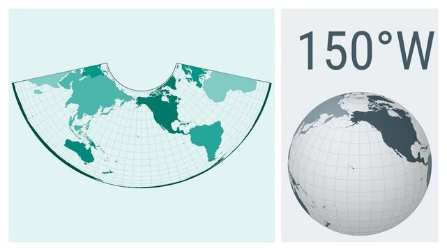 World map animation. Albers conic equal-area projection. Colored continents style. Animated world map in Conic Equal Area projection. Loopable animation showing longitude shift and matching globe.