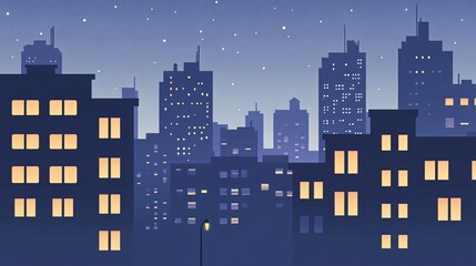 A cityscape at night with lit windows and a starry sky.