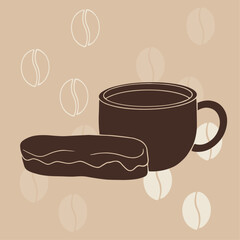 A cup of aromatic morning coffee with an eclair cake. Vector graphics.