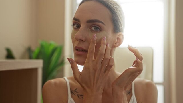 Young attractive blonde woman applying eye patches in an indoor spa setting for beauty and wellness.