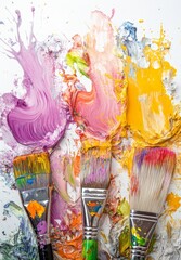 Fototapeta premium Three paintbrushes covered in colorful paint creating abstract art