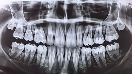 Detailed close up of a dental x ray showcasing healthy teeth with no cavities or decay