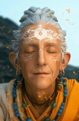 Elderly spiritual leader with white symbols painted on his forehead meditating peacefully as flower petals gently fall around him