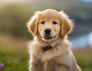 Isolated golden retriever puppy with depth of field showcasing fluffy fur and playful expression