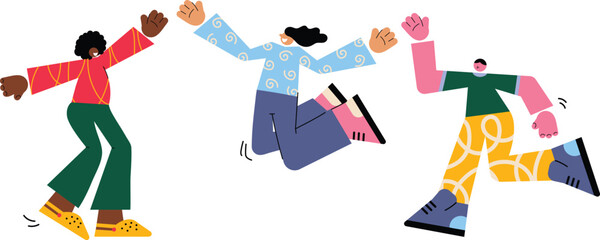 Smiling cartoon retro characters in doodle style jumping. Groovy set of people in flight smiling women and men. Diversity people funky illustration