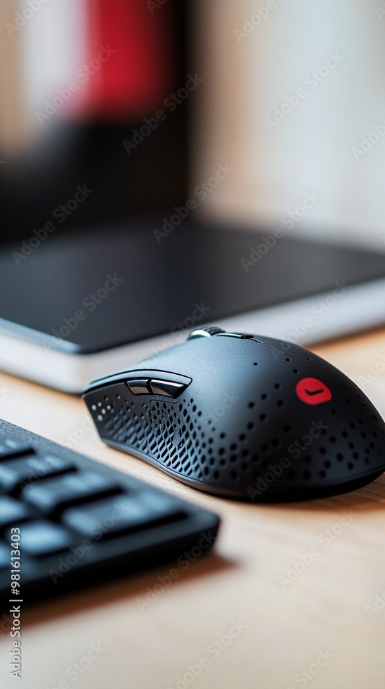 Poster a black wireless mouse sits on a desk with a keyboard and tablet in the background.