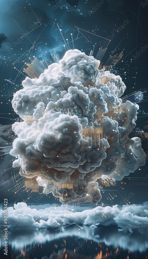 Wall mural a fluffy cloud with circuit patterns illustrates digital transformation in business integration