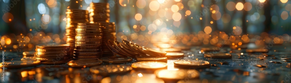 Poster a close-up view of shimmering coins stacked together on a reflective surface, with a warm background