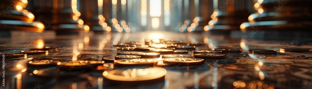 Poster a gleaming floor scattered with coins reflects warm light, creating an atmosphere of wealth and abun