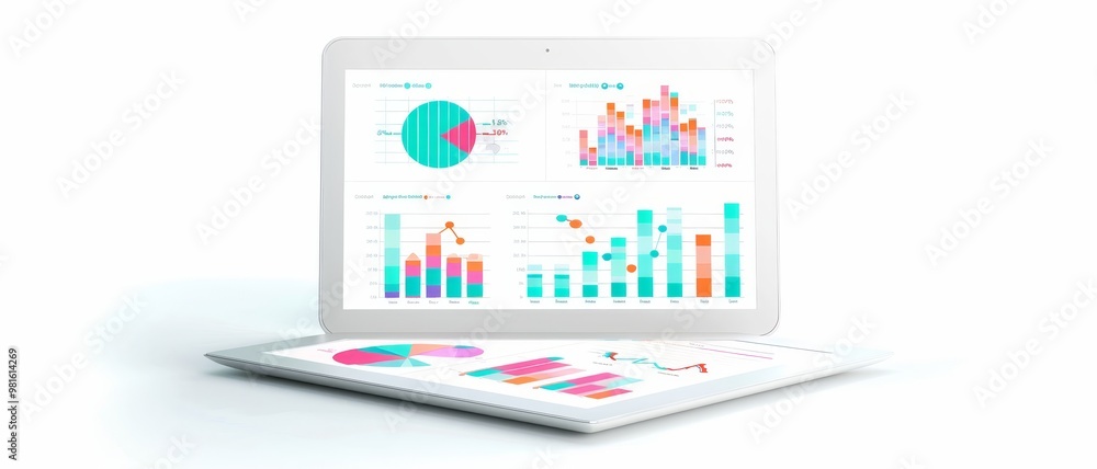 Poster a digital tablet displays colorful graphs and charts, illustrating data analysis and trends in a mod