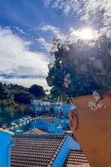 Fototapeta premium JUZCAR, SPAIN - JANUARY 4 2024: Amaizing morning on blue Smurfs Village in Juzcar, Spain on January 4, 2024 