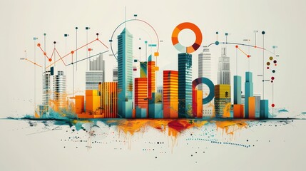 A vibrant abstract city skyline featuring colorful buildings, geometric shapes, and dynamic design elements.