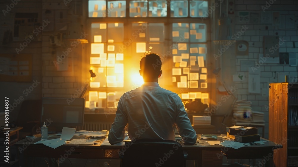 Poster a person sits at a cluttered desk, facing a window as sunlight streams in, illuminating notes and pa