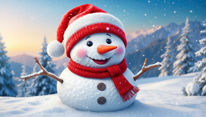 Happy snowman wearing a red Santa hat in a snowy winter landscape, surrounded by snow-covered trees at night.