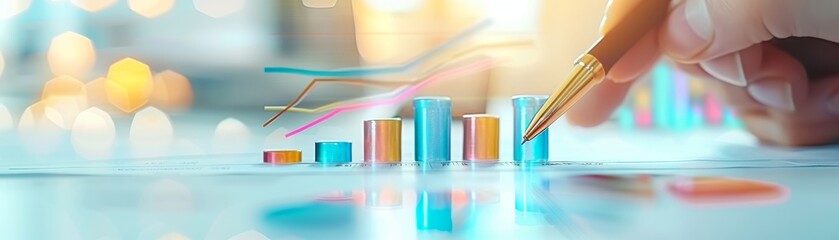 A hand with a pen analyzes colorful bar graphs and data trends on a bright surface, symbolizing financial analysis and reporting.