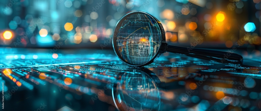 Poster a close-up of a magnifying glass reflecting colorful lights, set on a digital surface, evoking a sen
