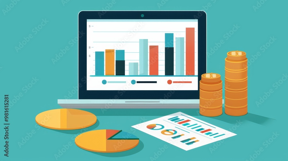 Poster a laptop displaying colorful graphs and charts, with coins and pie charts nearby, symbolizing financ