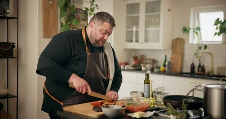 Vegetables, live streaming and man in kitchen for cooking dinner, cuisine and meal prep in home. Culinary influencer, content creator and chef with food, recipe and ingredients for social media