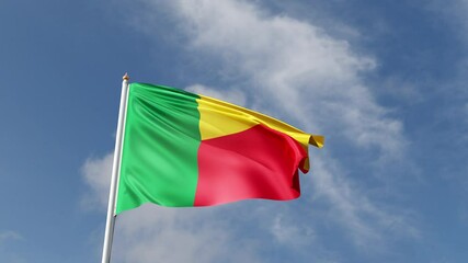 Flag of Benin on a blue sky, flag on a flag pole waving in the wind, african country, national symbol of Benin, video of a flag	
