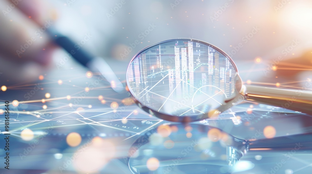 Poster a close-up view of a magnifying glass revealing digital data patterns against a blurred background, 