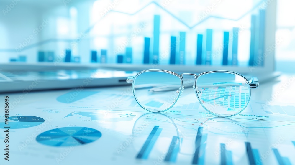 Aufkleber a pair of glasses rests on a table with charts and graphs, illustrating data analysis and financial 