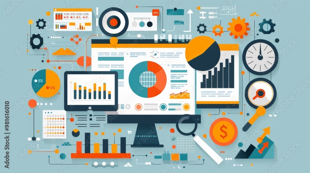 Poster a vibrant digital workspace showcasing data analytics, graphs, and charts on multiple screens, symbo