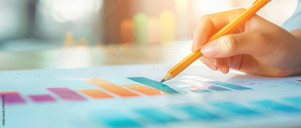 Poster a hand sketches graphs with a pencil, focusing on colorful bar charts, symbolizing data analysis and