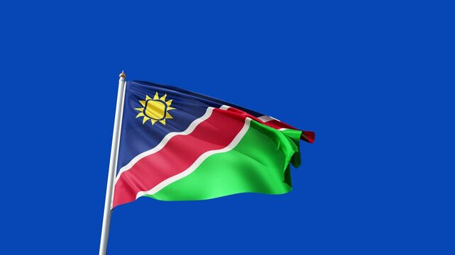 flag of namibia on a blue screen, no background, transparent background, waving in the wind, national symbol of  namibia, african country, tall flagpole, video of a flag