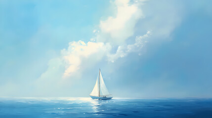 A minimalist seascape with a single sailboat under a vast sky, portrayed in a modern oil painting technique. Minimalism. Illustration