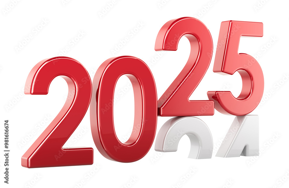 Poster 2025 year replacing 2024, 3d rendering isolated on transparent background