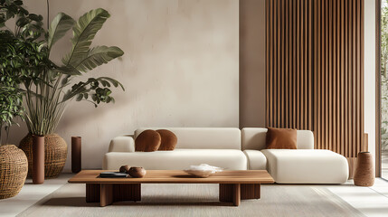 3d interior of a japandi style interior living room a design with simplicity, natural elements, and minimalism. Minimalism. Illustration