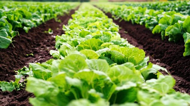 This Lettuce plants thrive in neat rows under clear skies on a warm afternoon.