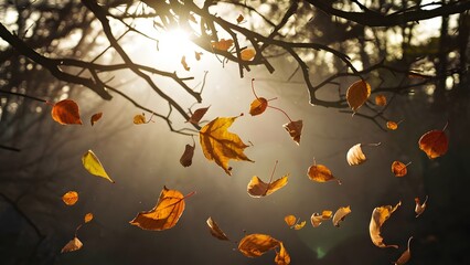 Autumn leaves gently falling from trees in a sunlit park