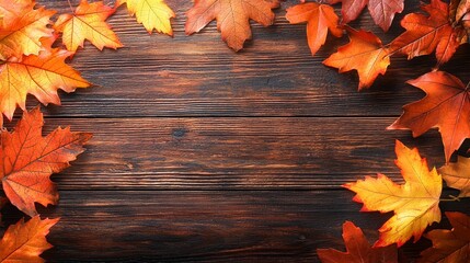 A wooden plank background surrounded with a frame of colorful autumn leaves.