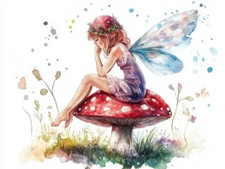 Fairy with wings sits on a mushroom.