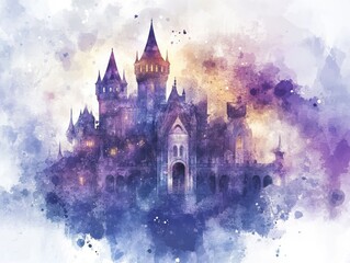 Purple watercolor painting of a fairytale castle.