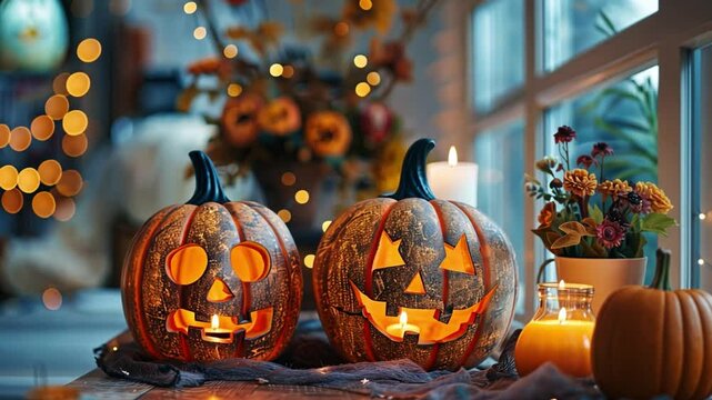 Two carved pumpkins with glowing faces sit on a table adorned with candles and fall flowers, creating a festive Halloween ambiance during the evening.