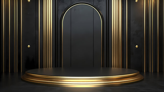 A dramatic gold and black podium setup, ideal for showcasing premium products with a backdrop that enhances the items' luxury and elegance. Dramatic. Illustration