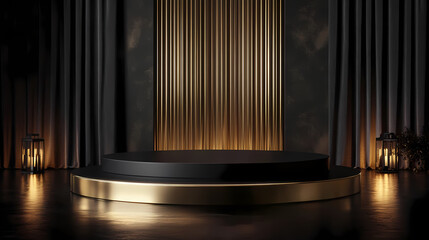 A dramatic gold and black podium setup, ideal for showcasing premium products with a backdrop that enhances the items' luxury and elegance. Dramatic. Illustration