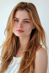 Fototapeta premium Portrait of a beautiful woman with luxurious straight hair on white background