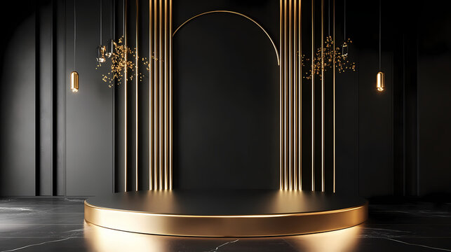 A dramatic gold and black podium setup, ideal for showcasing premium products with a backdrop that enhances the items' luxury and elegance. Dramatic. Illustration